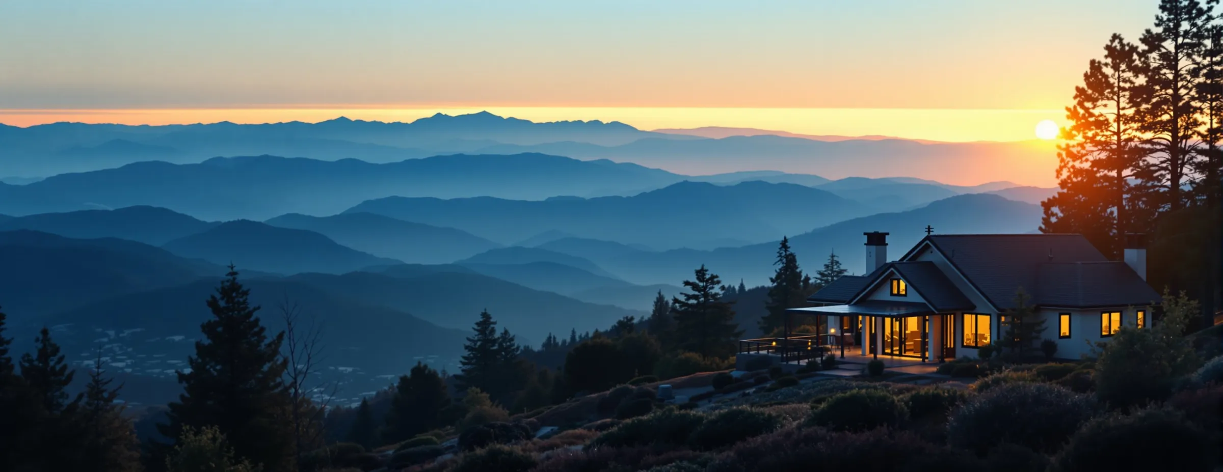 A family home at sunrise with mountains behind it